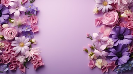  a bunch of flowers that are on a purple background with a place for text.  generative ai
