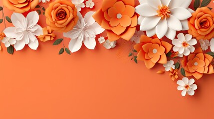 an orange background with white flowers and leaves on top of it.  generative ai