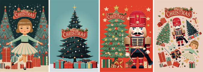 Nutcracker. Merry Christmas and Happy New Year! Vector illustrations of fairy tale characters, ballerina, mouse king, Christmas tree, gifts, toys for greeting card, poster or background.  - 662263965