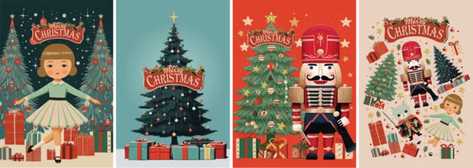 Fotobehang Nutcracker. Merry Christmas and Happy New Year! Vector illustrations of fairy tale characters, ballerina, mouse king, Christmas tree, gifts, toys for greeting card, poster or background.  © Ardea-studio