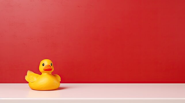  a yellow rubber ducky sitting on a white counter against a red wall.  generative ai
