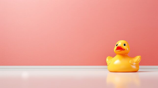  a yellow rubber ducky sitting on a white floor in front of a pink wall.  generative ai