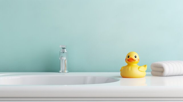  a yellow rubber ducky sitting on a bathroom counter next to a white towel.  generative ai