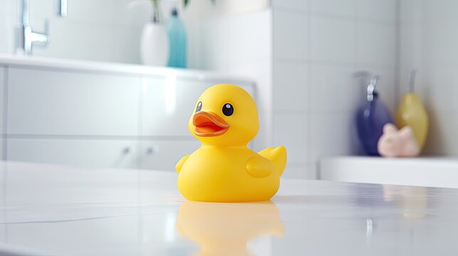  a yellow rubber ducky sitting on a counter in a bathroom.  generative ai