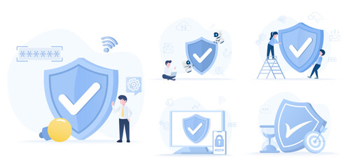 Collection of defense concept scenes. Big shield provide account protection, safety, security, strong passwords, firewalls and other sensitive data from cyber attack. Set vector illustration. - obrazy, fototapety, plakaty