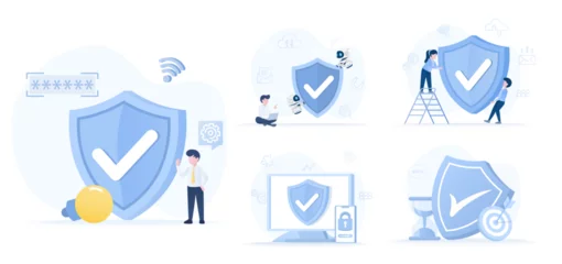 Foto op Canvas Collection of defense concept scenes. Big shield provide account protection, safety, security, strong passwords, firewalls and other sensitive data from cyber attack. Set vector illustration. © NTPY