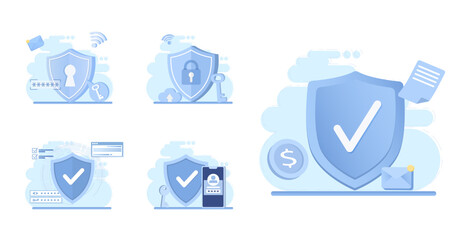 Collection of defense concept scenes. Big shield offers data protection, strong password, encryption key, firewall, security lock, sensitive data from cyber attack and threats. Vector illustration.