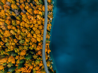 Aerial view of coastline road with green woods and blue lakes water in Finland. - obrazy, fototapety, plakaty