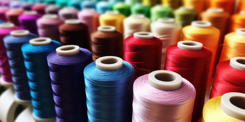 Colorful spools of thread arranged neatly