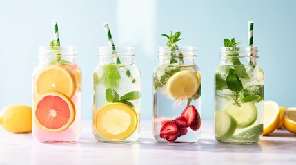  a group of mason jars filled with different types of drinks.  generative ai