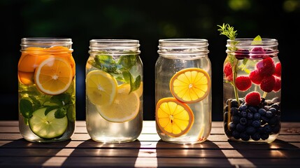  four jars filled with different types of fruits and vegetables in them.  generative ai