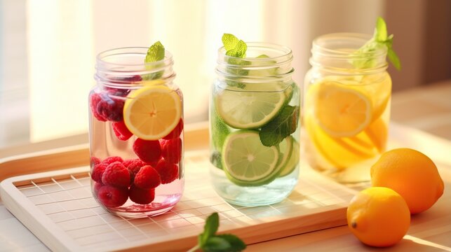  three mason jars filled with lemons, raspberries and limes.  generative ai