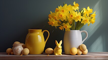 Obraz na płótnie Canvas a yellow vase with yellow flowers and some eggs and a yellow bunny figurine. generative ai
