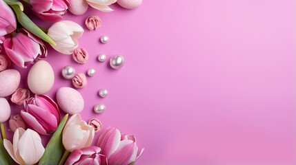 Fototapeta na wymiar pink tulips, pearls and pearls on a pink background. generative ai