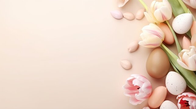  a bunch of flowers and eggs on a pink background with a place for text.  generative ai