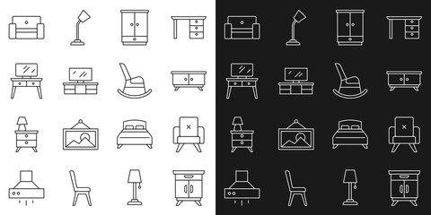 Set line Furniture nightstand, Armchair, Wardrobe, TV table, Dressing, and Rocking icon. Vector