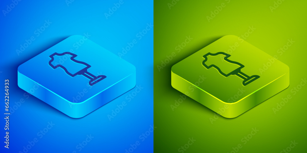 Wall mural isometric line mannequin icon isolated on blue and green background. tailor dummy. square button. ve