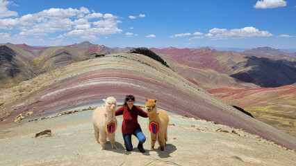 Woman with two adorable alpacas at Palcoyo Rainbow Mountain. Peru.