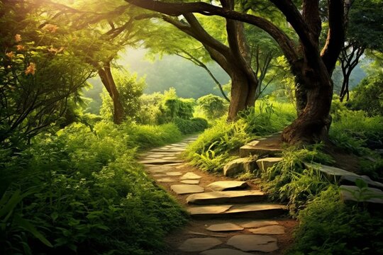Tranquil path surrounded by nature. Generative AI