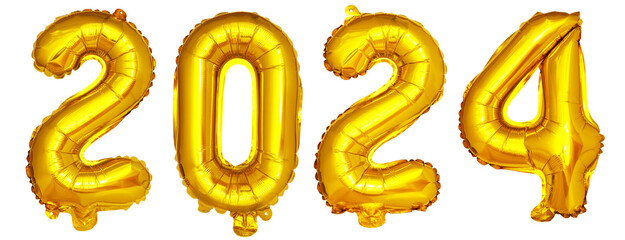 Golden foil balloons with the number 2024. Happy new year and christmas.