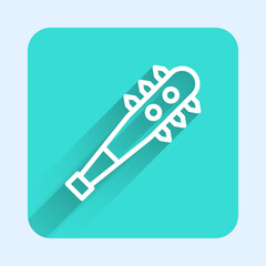 White line Medieval chained mace ball icon isolated with long shadow background. Morgenstern medieval weapon or mace with spikes. Green square button. Vector