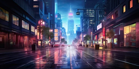 Foto op Plexiglas Electric nights. Glowing streets of urban jungle. City in technicolor. Vibrant night on broadway. Metropolis awakens © Thares2020