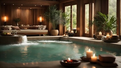 Luxury spa resort and wellness haven. Zen, meditation, relaxing background with jacuzzi. Generative AI.