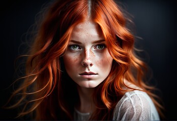 redhead female with red hair in the studio portrait of a beautiful red redhead girl with a freckles. redhead female with red hair in the studio