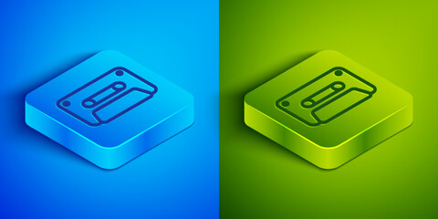 Isometric line Retro audio cassette tape icon isolated on blue and green background. Square button. Vector