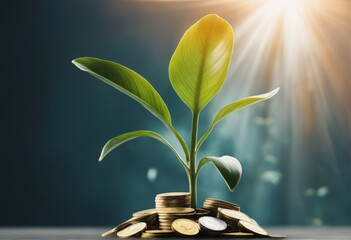 golden coins with plant growing out of money, saving money concept money coins and green leaves golden coins with plant growing out of money, saving money concept