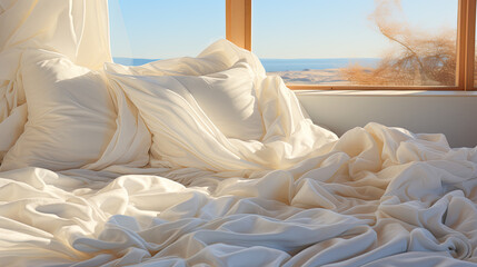 Fototapeta na wymiar sunlight casting soft shadows on a pure white bedspread