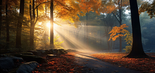 Beautiful Sunset Sunrise Sun Sunshine In Sunny Spring Coniferous Forest. Sunlight Sunbeams Through Woods In Forest Landscape.