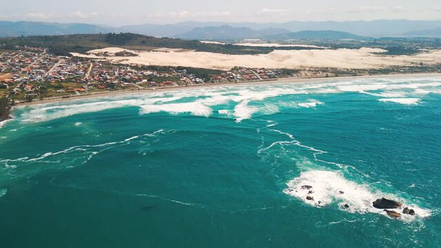 Aerial view of the Brazilian coastline with rough Atlantic Ocean