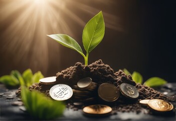 coins on green tree with blurred coins and plant coins on green tree with blurred coins and plantains in the shape of the plant with green plant on ground, saving concept. - obrazy, fototapety, plakaty