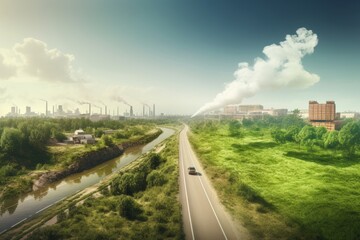 Road with green nature on one side and polluted city on the other side, AI generated