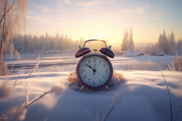 Alarm clock on winter snow background, AI generated - obrazy, fototapety, plakaty