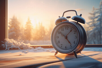 Alarm clock on winter snow background, AI generated - obrazy, fototapety, plakaty