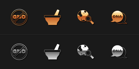 Set No GMO, Mortar and pestle, Magnifying glass with globe and DNA symbol icon. Vector