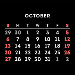 October 2024 month calendar. Vector illustration.