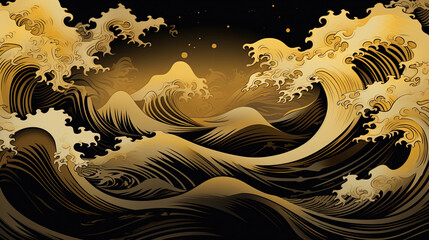 Wallpapers and textile patterns vintage a gold wave pattern on a black background. Seascapes in traditional chinese painting