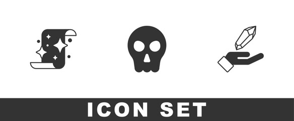 Set Magic scroll, Skull and stone icon. Vector