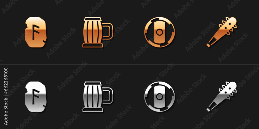 Canvas Prints set magic rune, wooden beer mug, shield viking and mace with spikes icon. vector