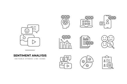 Set of Sentiment Analysis Icon Packs. Simple line art and editable stroke icon packs. sentiment, analysis, ai, evaluation, icon, monitoring, customer, emotion, opinion, data