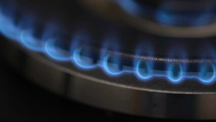 A close-up of the ignition of a gas stove. Gas burns with a blue flame in a dark room