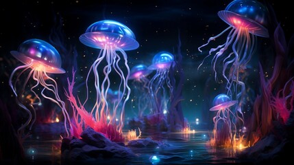 Produce an abstract underwater world with bioluminescent creatures and a mesmerizing, deep-sea ambiance.