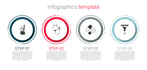 Set Laboratory glassware, Stethoscope, Medicine pill tablet and Funnel filter. Business infographic template. Vector