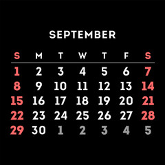 September 2024 month calendar. Vector illustration.