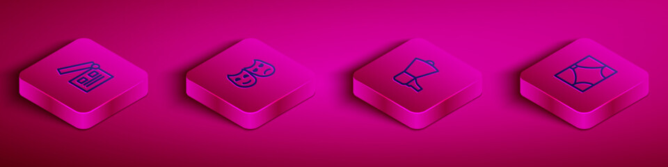 Set Isometric line Movie clapper, Comedy and tragedy masks, Megaphone and Curtain icon. Vector