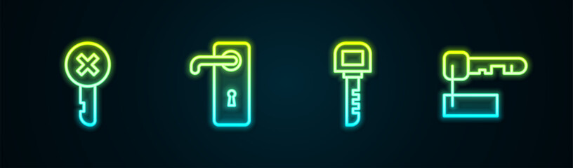 Set line Wrong key, Door handle, Key and Marked. Glowing neon icon. Vector