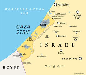 The Gaza Strip and surroundings, political map. Gaza is a self-governing Palestinian territory and narrow piece of land located on the coast of the Mediterranean Sea, bordered by Israel and Egypt.